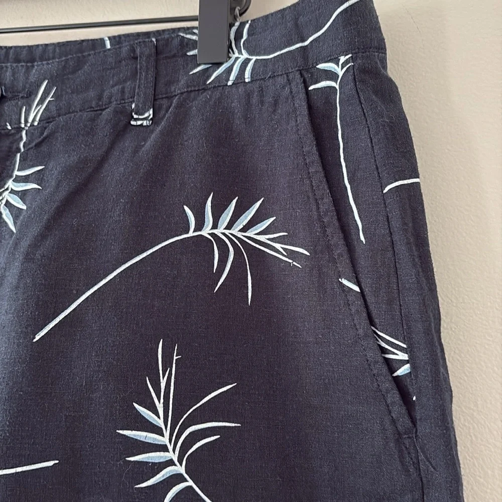 Magaschoni Man Linen Blend Palm‎ Printed Shorts Flat Front Navy White Size 33